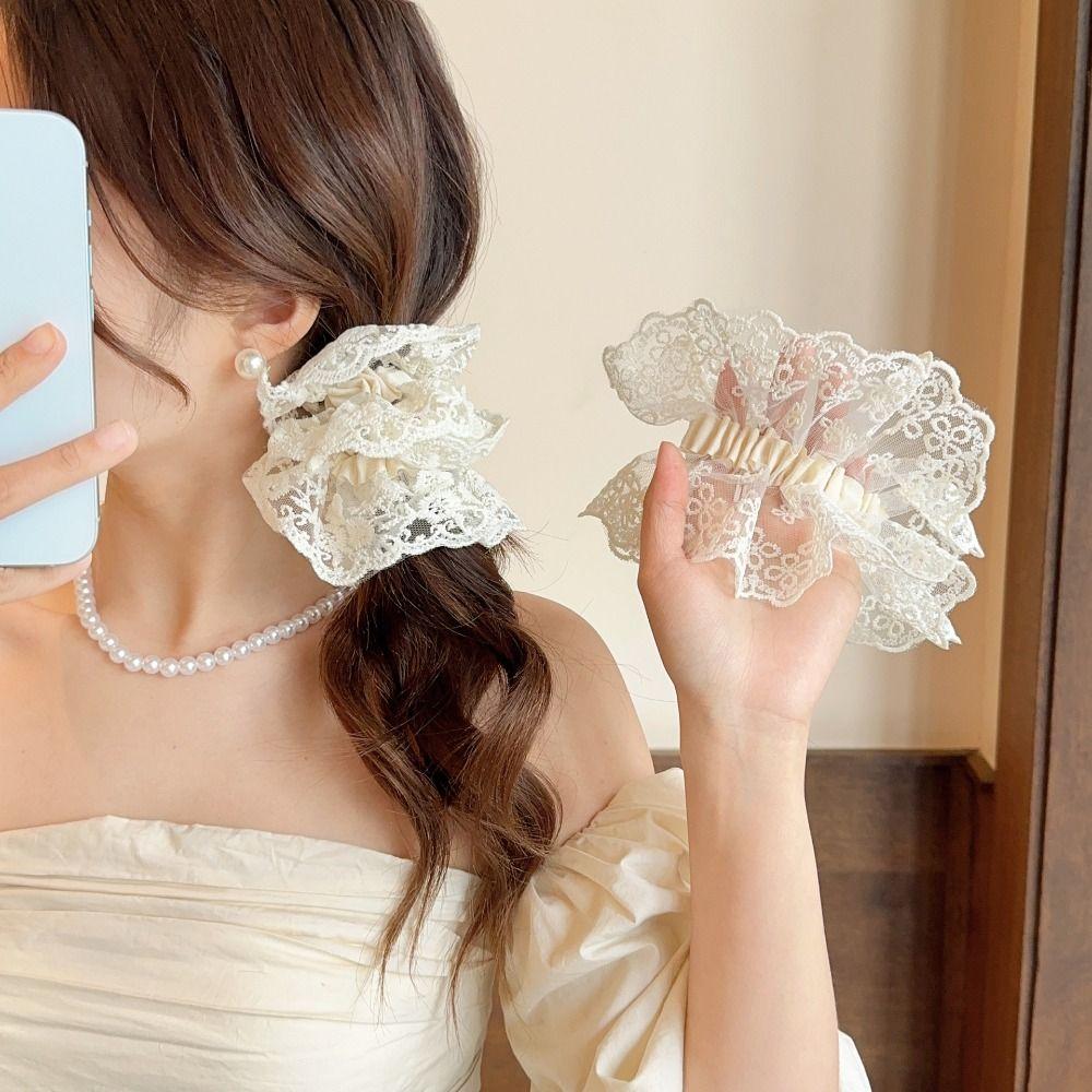 

Retro Mesh Hair Rope Beige Elastic Hair Bands Temperament Lace Scrunchies Girl