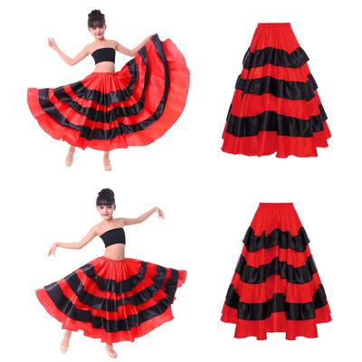 Red Black Contrast Color Tiered Skirt for Girls: Wide Hemline Satin Ruffles Design for Spanish Flamenco Ballroom Dance Performance