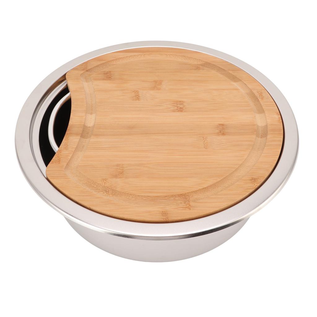 360x120mm 14.17x4.72in RV 304 Stainless Steel Sink Round Hand Wash Basin Sink with Bamboo Chopping Block for Boat