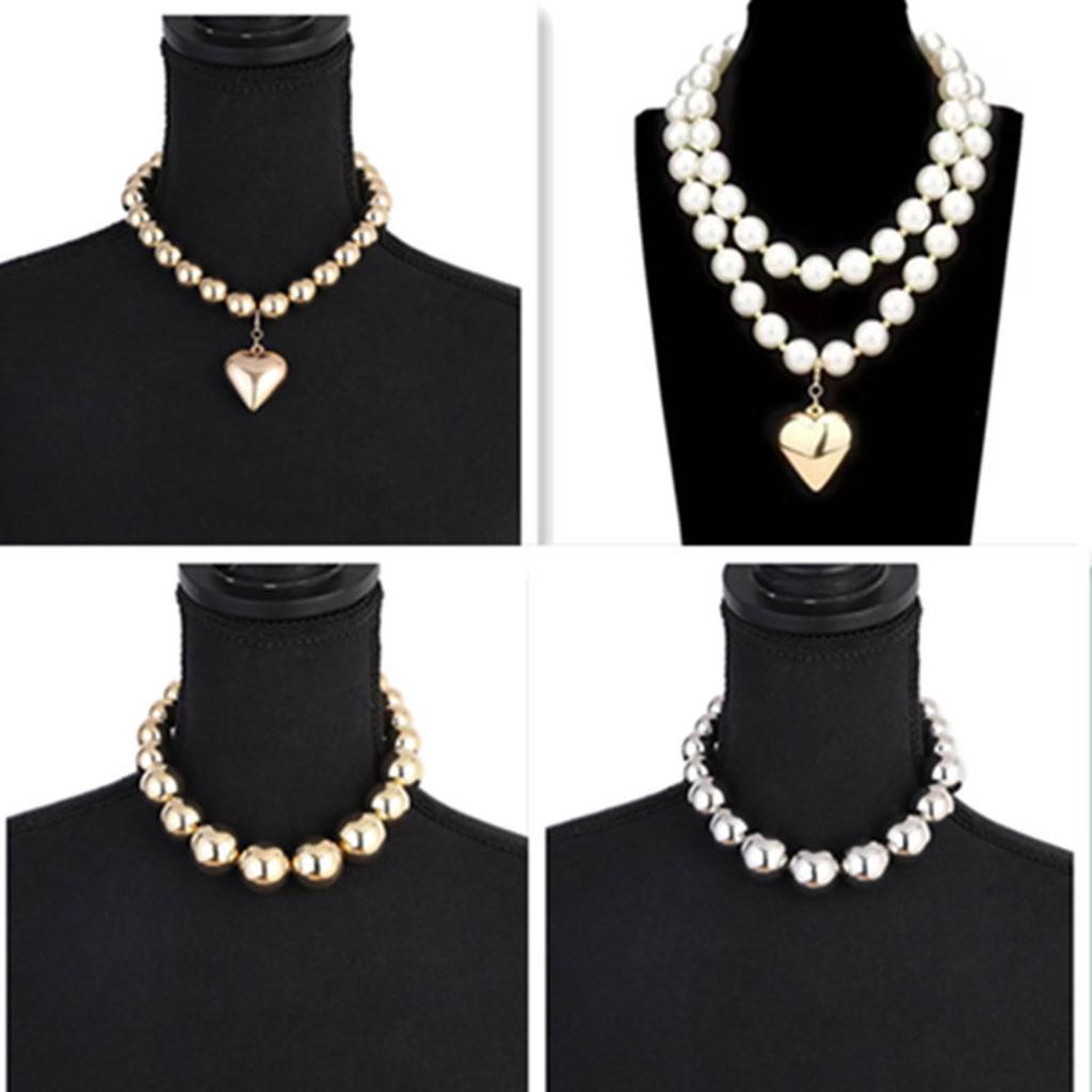 CCB Big Ball Beads Necklace with Heart Pendant Clavicle Chain Exaggerated Adjustable Choker Adornment Jewelry for Women
