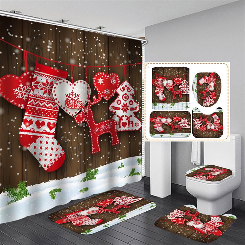 Santa Vánoční sada sprchových závěsů Vanová předložka Protiskluzový koberec Koupelnová přepážka Vodotěsná Domácí dekorace Cortinas Para Ba ñO