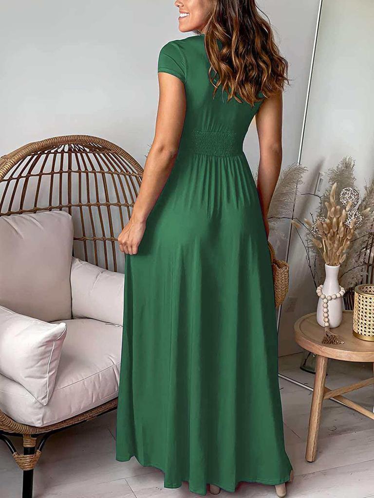 Women's Deep V-neck Pleated High-waisted Slit Evening Gown