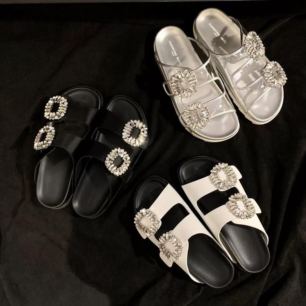 Sheepskin version~ square buckle rhinestone leather double belt casual thick-soled slippers women's sandals wear muffin one-and-a-half slippers