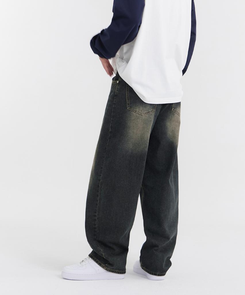 Akeusi Craft Centerline Over Balloon Fit Wide Denim Pants (Dark Blue)