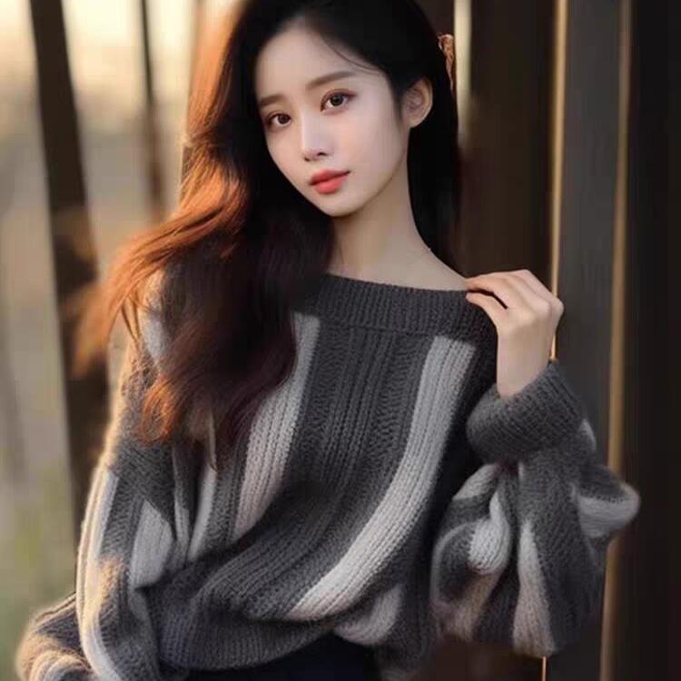 New Autumn Style This Year's New Style of Soft and Glutinous Lazy Style Sweater Gray Vertical Sweater for Women
