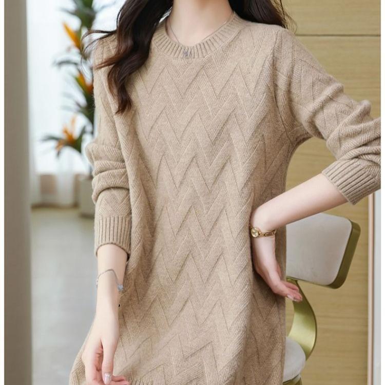 Women's Mid-length Sweater Loose Korean Style Large Size Pullover Outer Wear Pure Color Casual Long-sleeved Knitted Shirt