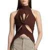 Women's Summer Sleeveless Vest Irregular Hollowed Out Kink Half High Neck Color Crop Knitted Vest Top
