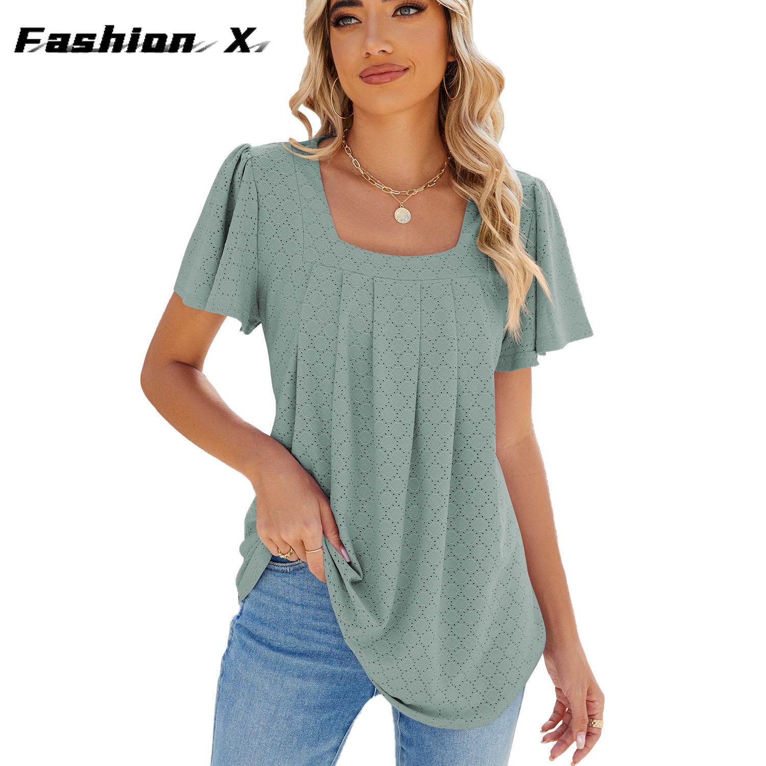 

2024 весна и лето, новая плиссированная свободная футболка с квадратным вырезом и короткими рукавами для женщин 2XL