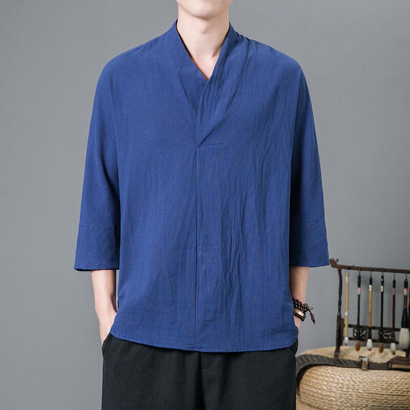 

Весна Лето 2025 Новые Футболки в Китайском Стиле Мода Мужские Рукав Три Четверти V-образный Вырез Топы Футболки Мужские Повседневные Однотонные Ханфу XL темно-синий