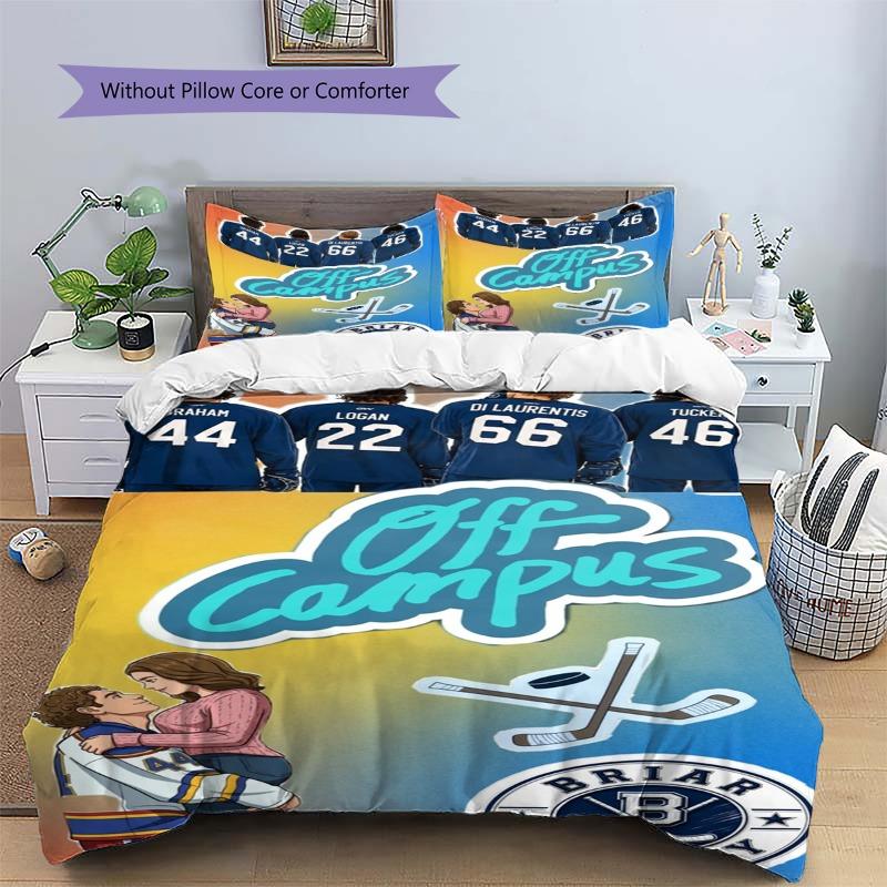 Off Campus Cartoon Couple Character Print 3 Pieces Duvet Cover Set Hockey Romance Theme Bedding Bedroom Home Decor Without Pillow Core