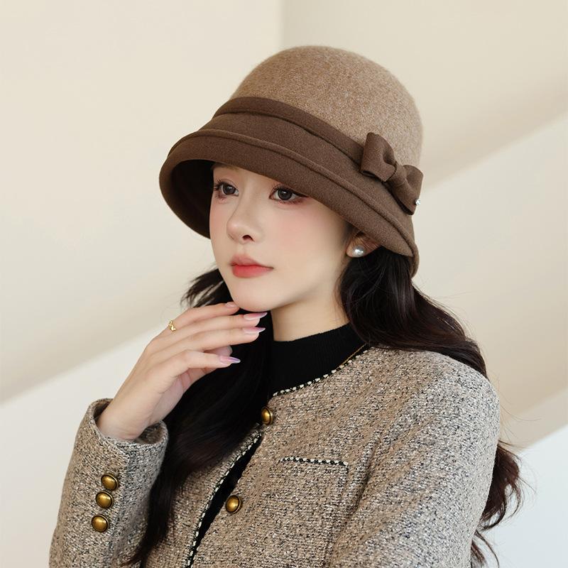 New Woolen Top Hat Bucket Hat Women's Retro Bow Fisherman Hat Autumn and Winter Elegant Basin Hat
