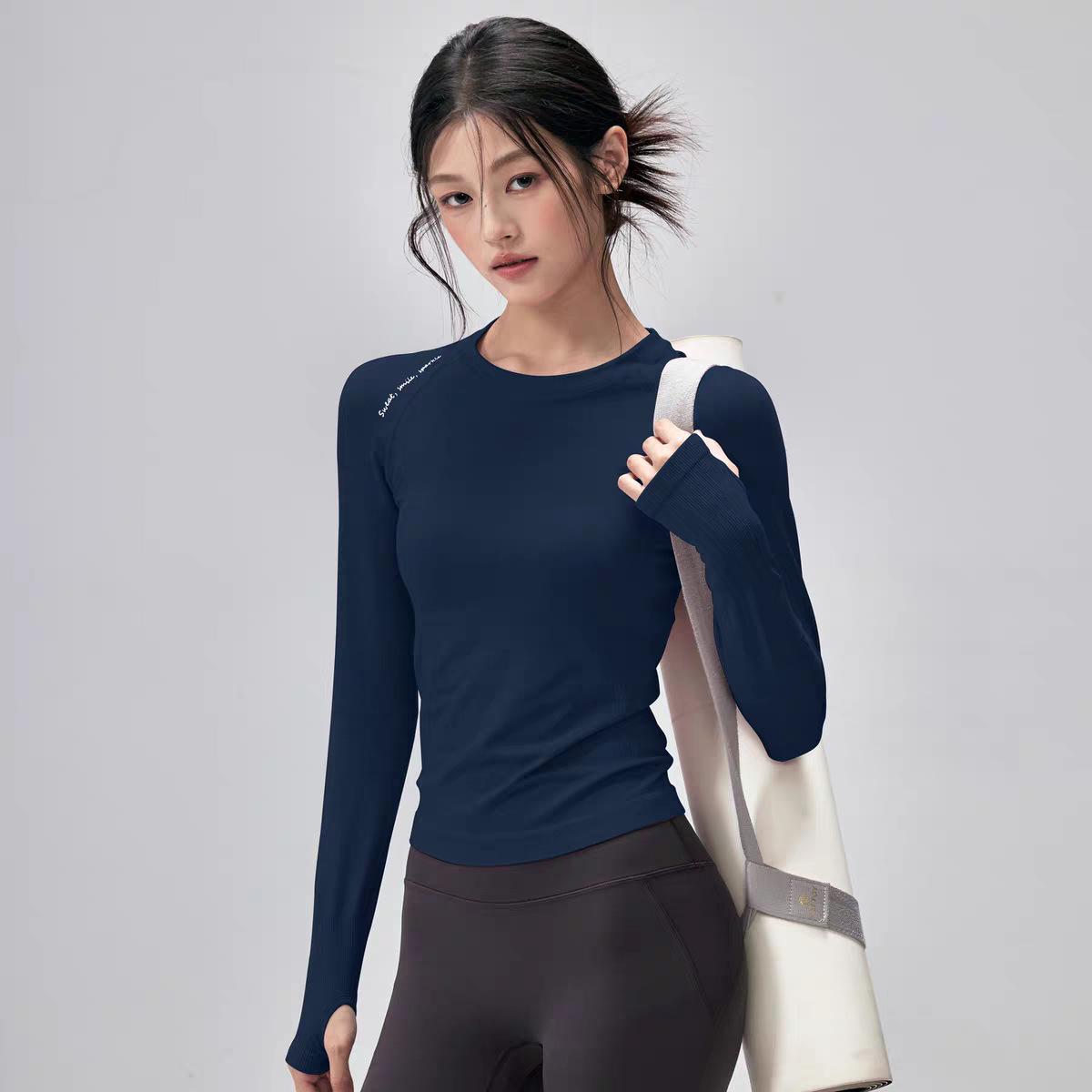 

Женский осенне-зимний топ с круглым вырезом, высокой эластичностью, облегающий, с длинным рукавом, быстросохнущий, для йоги и фитнеса Large темно-синий