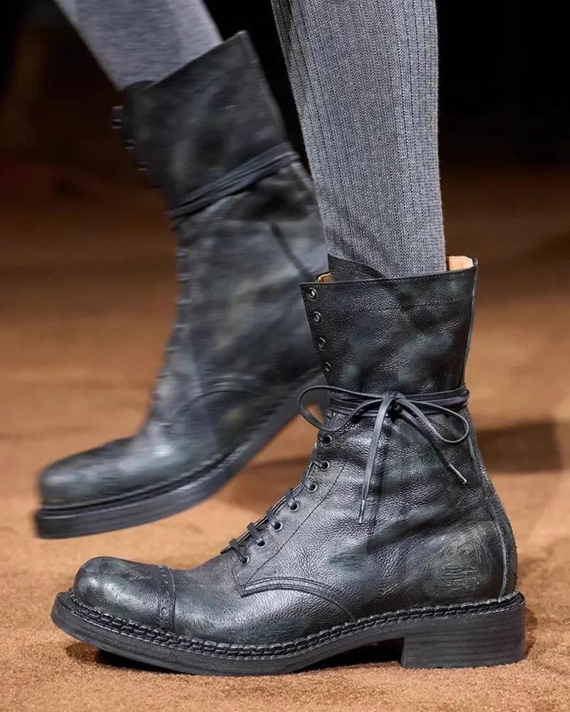 Fashion Luxury Genuine Leather Design Biker Boots Women 2025 Chunky Platform Ankle Boots for Women Lace Up Mid-calf Retro Knight Boots