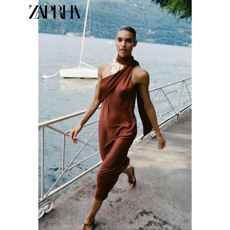 Zaprha 2025 Summer New Asymmetric Scarf Side Fold Design Midi Dress 5029170