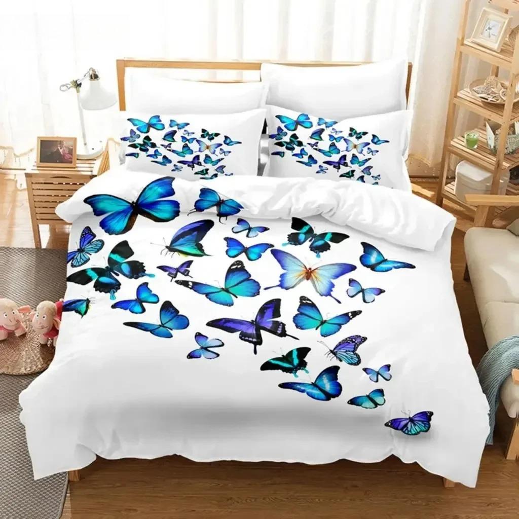 Blue Butterfly Duvet Cover Set King Size 220x240 Double Bed Single 3D Queen Bedding Sets Pink Full Twin Quilt Linen Pillowcase
