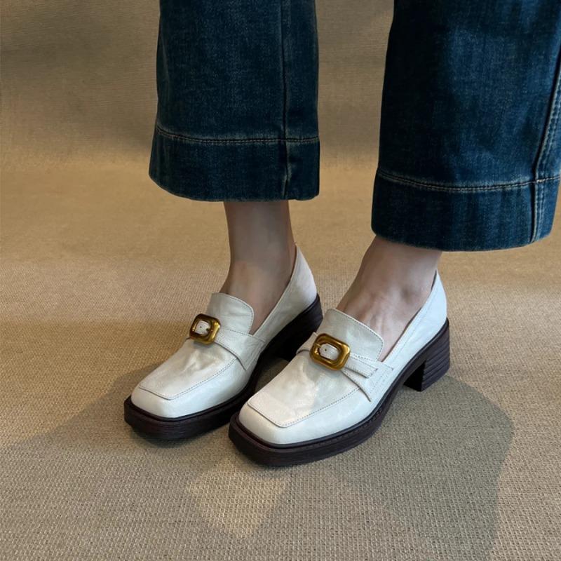 Women's Fashion Thick Heel Shoes Fall New Square Head Mid-mouth Metal Buckle Soft Sole Non-slip Low-top Shoes