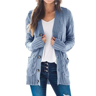 Women Sweater Coat Solid Color Long Sleeve Button Down Cable Knit Jacket With Pocket Loose Fit Cardigan Sweater For Lady