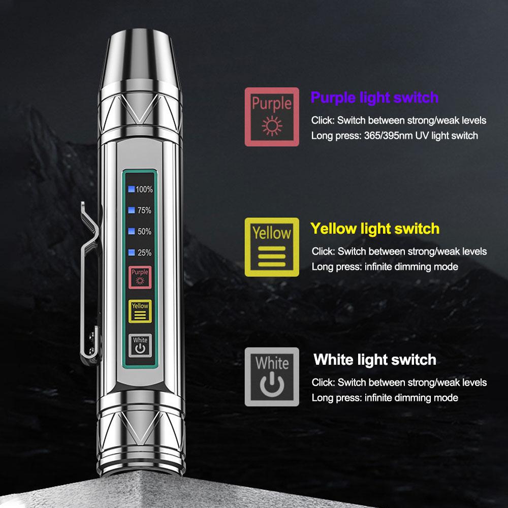 4 LED Light Sources Flashlight 365nm+395nm+Yellow+White USB Rechargeable Money Pet Urine Ore Cat Fluorescent Marker Check Light