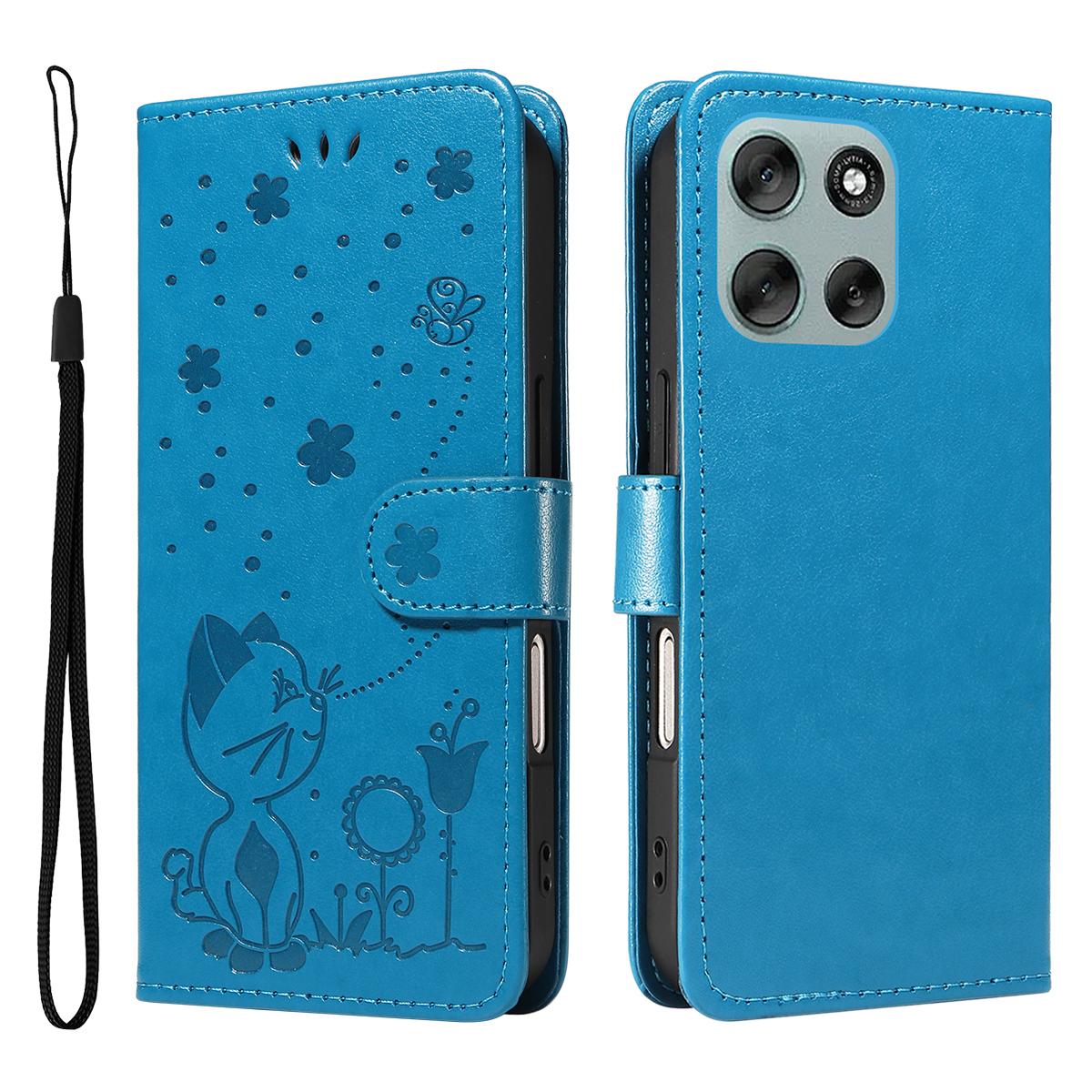 

Кожаный чехол-кошелек для Motorola Moto G56 5G с рисунком кошки и пчелы, чехол-подставка для телефона Blue