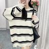 Autumn and Winter New Retro Temperament Loose Round Neck Rough Edge Holes Lazy Style Striped Knitted Pullover Sweater Women