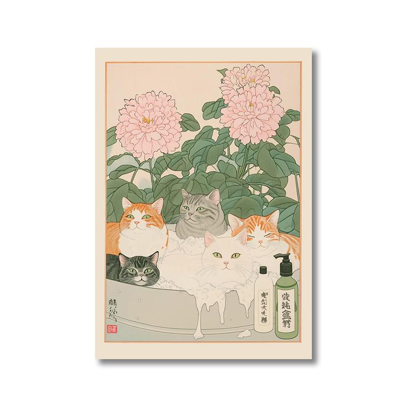 Gatto Tigrato Giapponese nella Vasca da Bagno Stampe Poster Pittura su Tela Estetica Retrò Arte da Parete Immagine Japandi Bagno Toilette Decorazione Casa