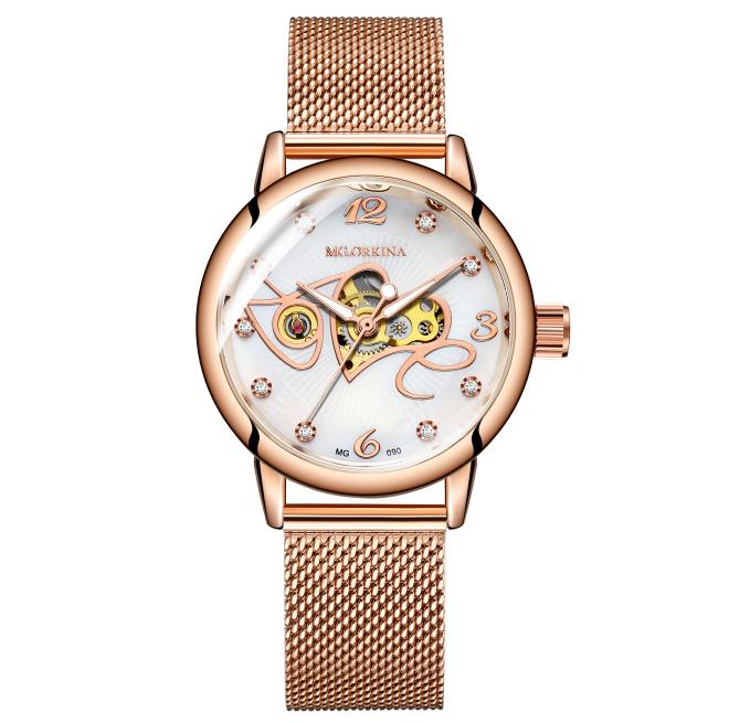 ORKINA Women's Automatic Mechanical Watch Fashion Diamond Love Hollow Design Mesh Stainless Steel Strap Wristwatch MG090