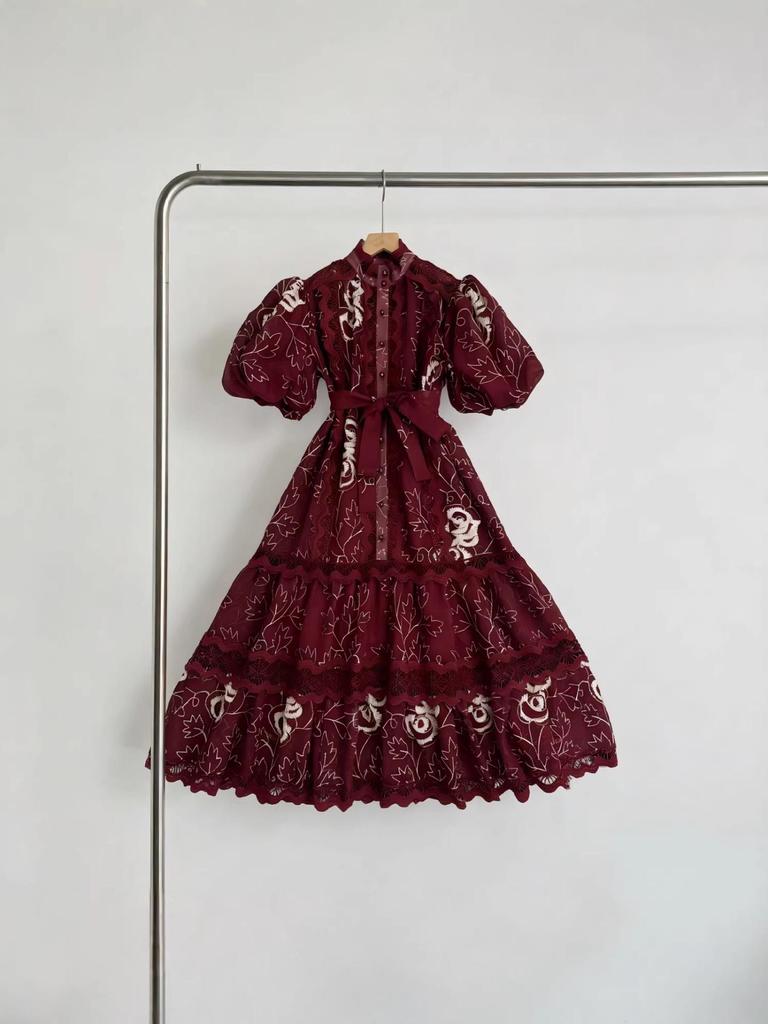 Lace Stand Collar Embroidered Patchwork Puff Sleeve Dress