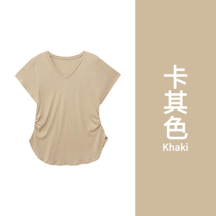 Khaki v-neck irregular short-sleeved T-shirt women s summer unique loose drape ice silk thin S