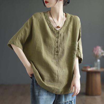 Retro Linen V-Neck Shirt Women's Loose Fit Cotton Linen Half Sleeve Slimming Top Summer Pure Color Plus Size Crew Neck Base