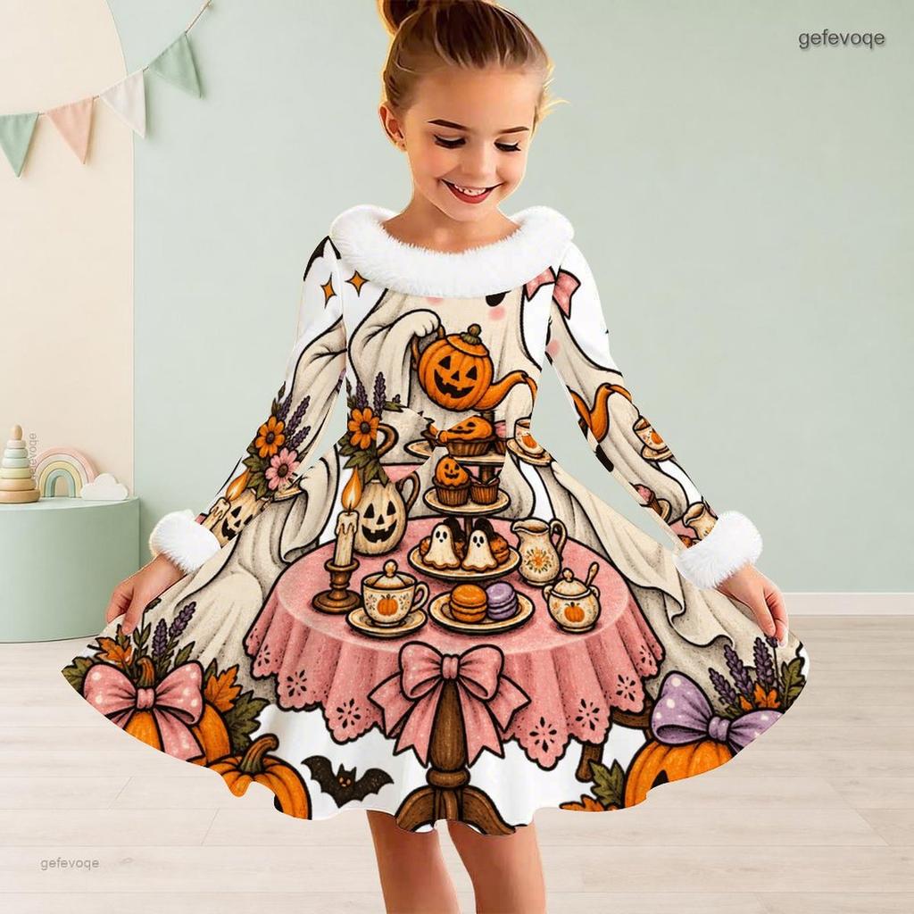 Girls High Neck Long Sleeve Pumpkin Crow Rose Printed A Line Dress
