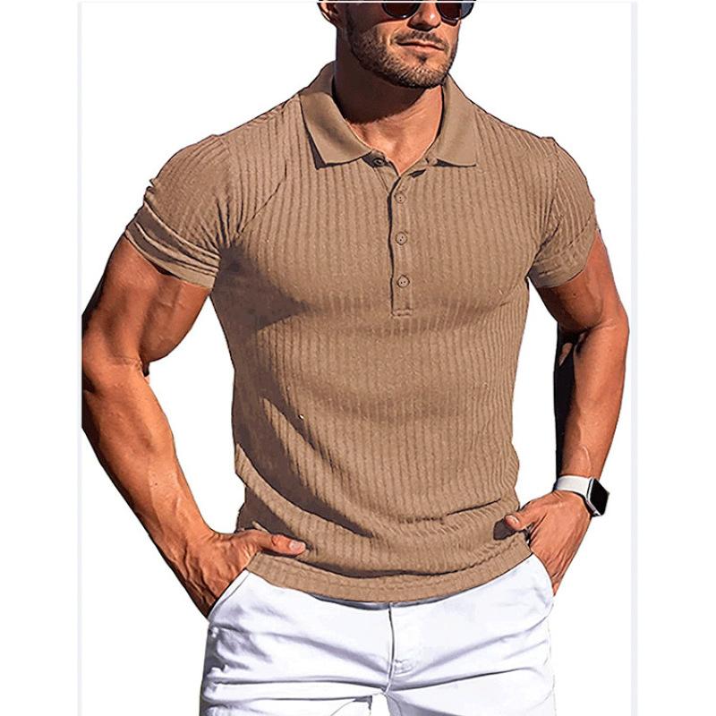 Men's Running Sports Gym Wear Summer High Stretch Vertical Strip Short Sleeve POLO Shirt Slim Fit Knit Base Layer