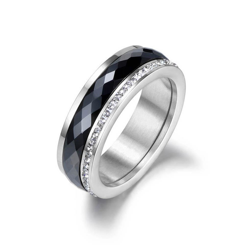 Classic Titanium Stainless Steel White/Black Ceramics Ring Jewelry CZ Crystal Wedding Engagement Rings For Women