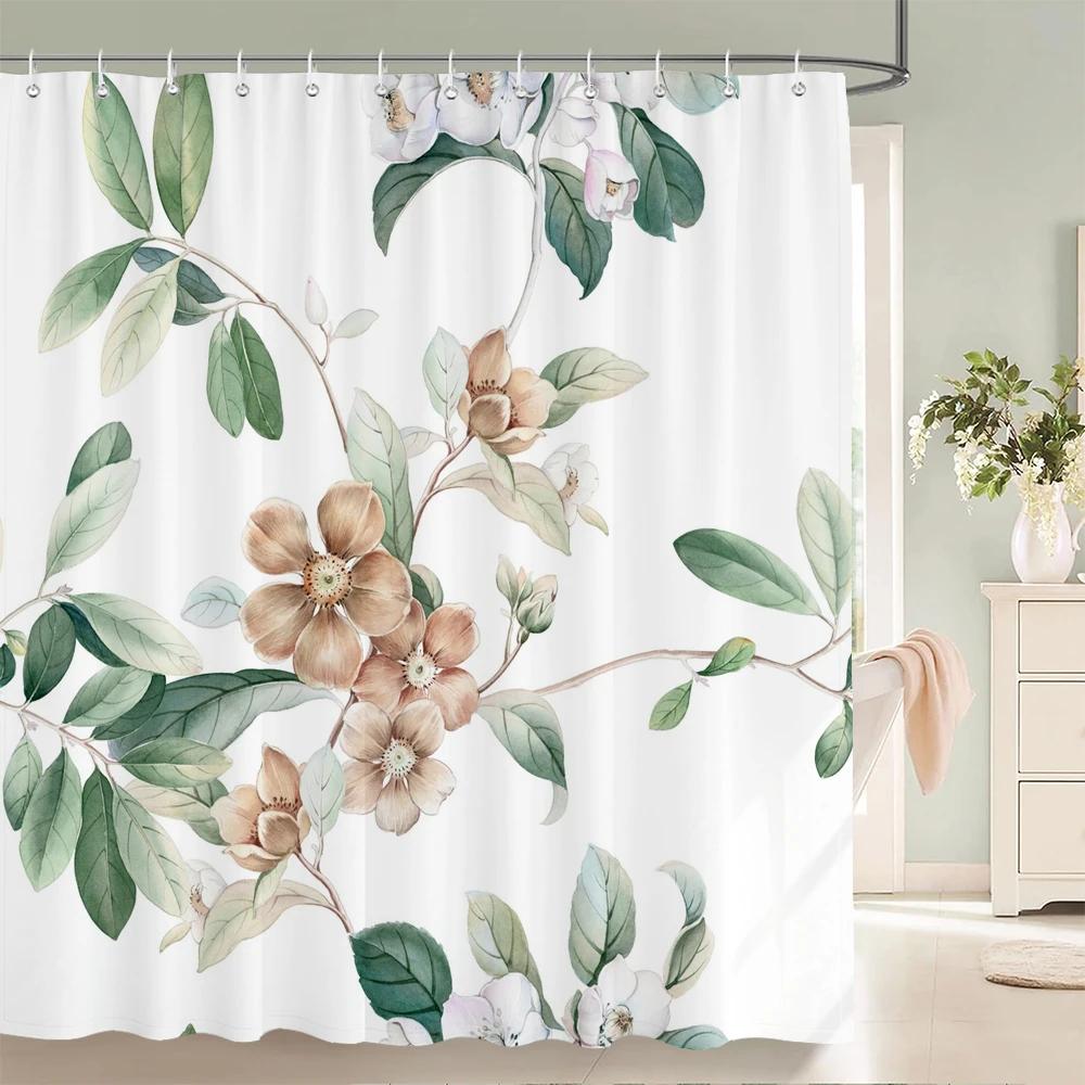 

Plants And Floral Shower Curtain, Texture Fabric Bathroom Decor Watercolor Flowers And Plants Shower Curtians With Hooks W60H190(CM)-1 Pcs