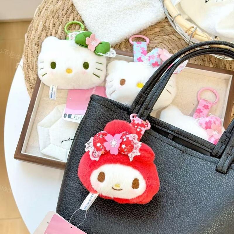 kitty cat My Melody red kimono floral print plush toy keychain melody cute Hello Kitty big face stuffed doll bag charm