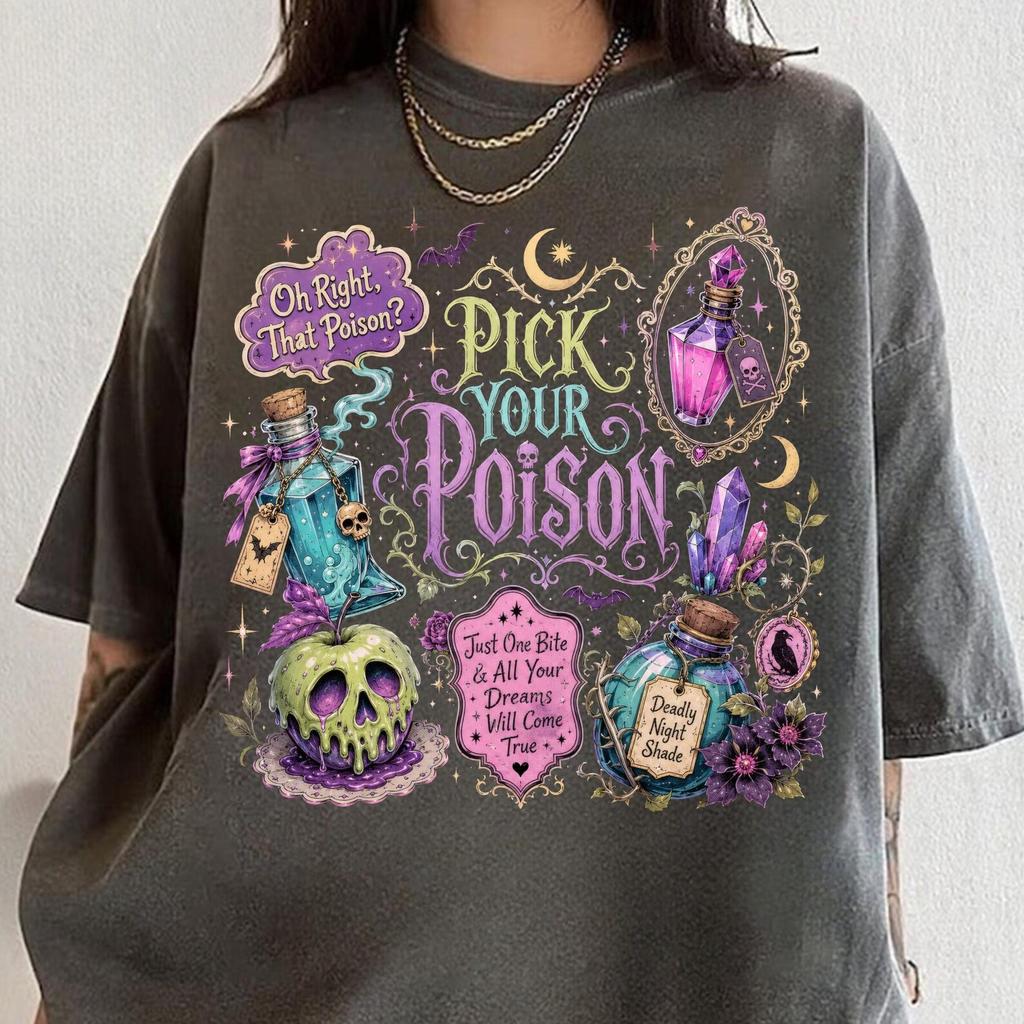 Villains Cartoon Shirt, Pick Your Poison Halloween, Poison Halloween Tee, Princess Halloween, Villain Halloween Tee, Spooky Halloween Drinks
