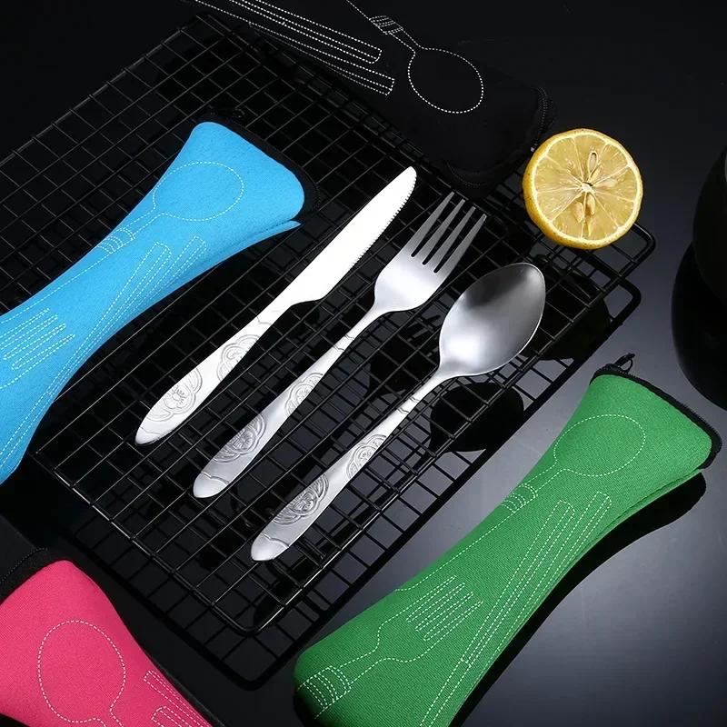 7/3Pcs Stainless Steel Western Food Steak Knife Fork Spoon Creative Cloth Bag Portable Outdoor Camping Tableware Set of Pieces