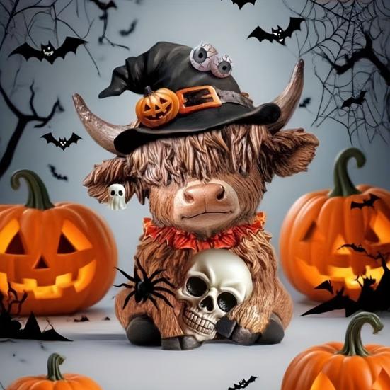 1/2Pcs Halloween Highland Cow Figurine Pumpkin Skull Highland Cattle Statue