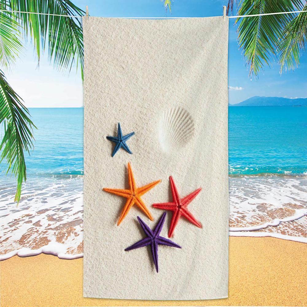Watercolor Ocean Life Beach Towel, Navy Blue Background Starfish Seashell Print Towel