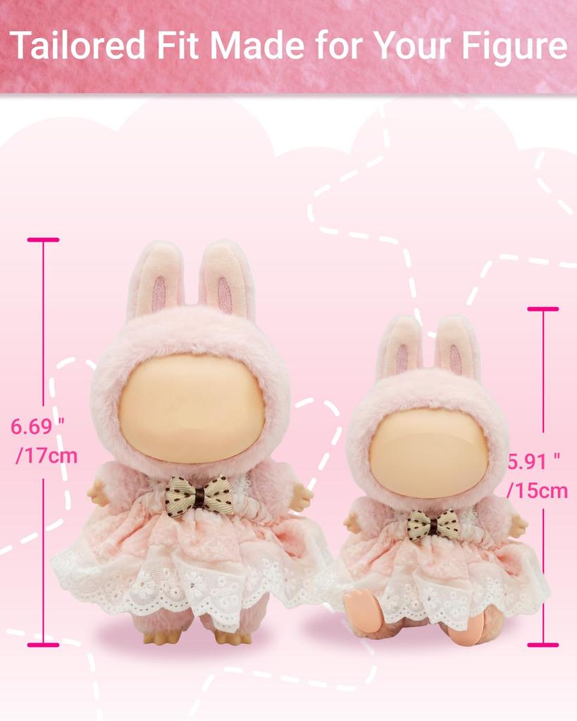 Labubu 15-17cm Doll Clothes, Sakura Pink Jumper Skirt with Elastic Chest, Lace Shoulder Straps, and Ribbon, Cute Interchangeable Outfit for Plush