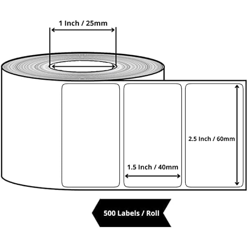 True-Ally 60X40 Direct Thermal Barcode Label Sticker - 2.5 X 1.5 Inches - 60Mm X 40Mm - 500 Labels Per Roll - White Self 2 Roll Per Pack (1000 Labels) белый