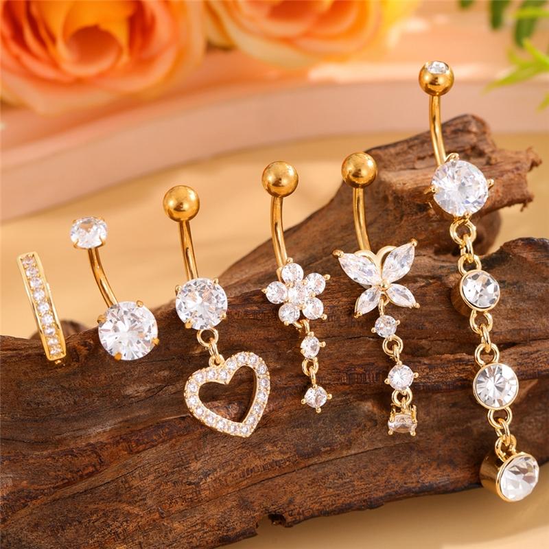 Set 6 Stainless Steel Gold-Plated Heart-Shaped Butterfly Navel Rings Cubic Zirconia 14G Bar Belly Button Piercing Rings Weddings