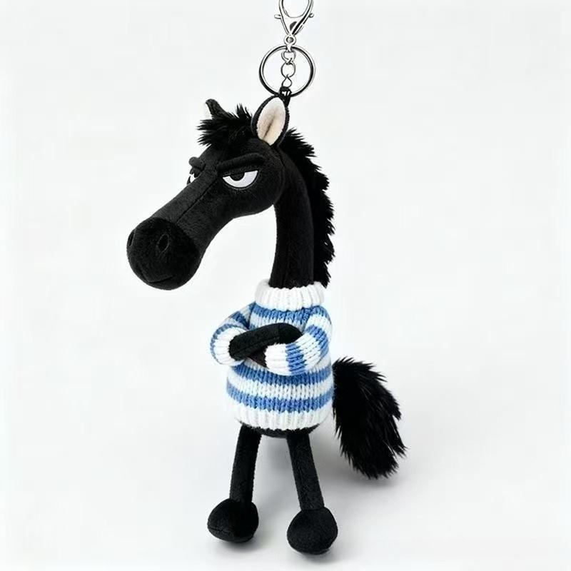 Popular Sky Selection High Cool Black Horse Keychains Soft Plush Mascot Car Pendant Sweater Knitted Baby Doll Key Rings for Women's Handbag Child Bags