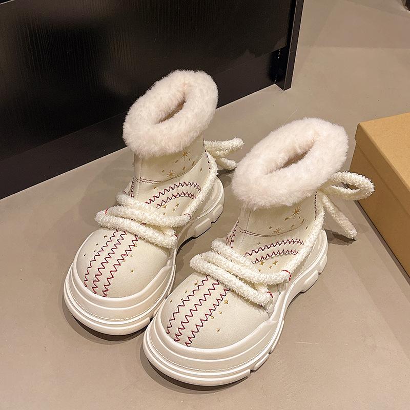 Women's Thick Bottom Lace-up Hairy Mouth Winter Lightweight Warm Anti-cold Padded Snow Boots Non-slip Wear Casual Sneakers Cotton Boots