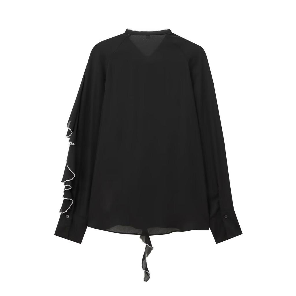 European and American Women's Autumn 2024 Layered Lace-Up Color Block Shirt