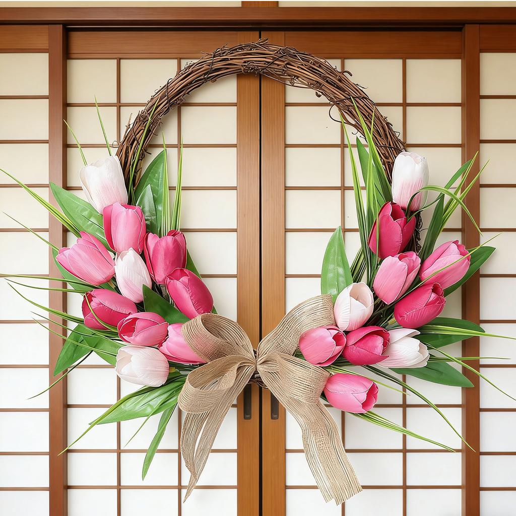 Flower Wreath Front Door Easter Wreath Fadeproof Artificial Spring Wreath for Indoor Outdoor Home Decor Red Pink White