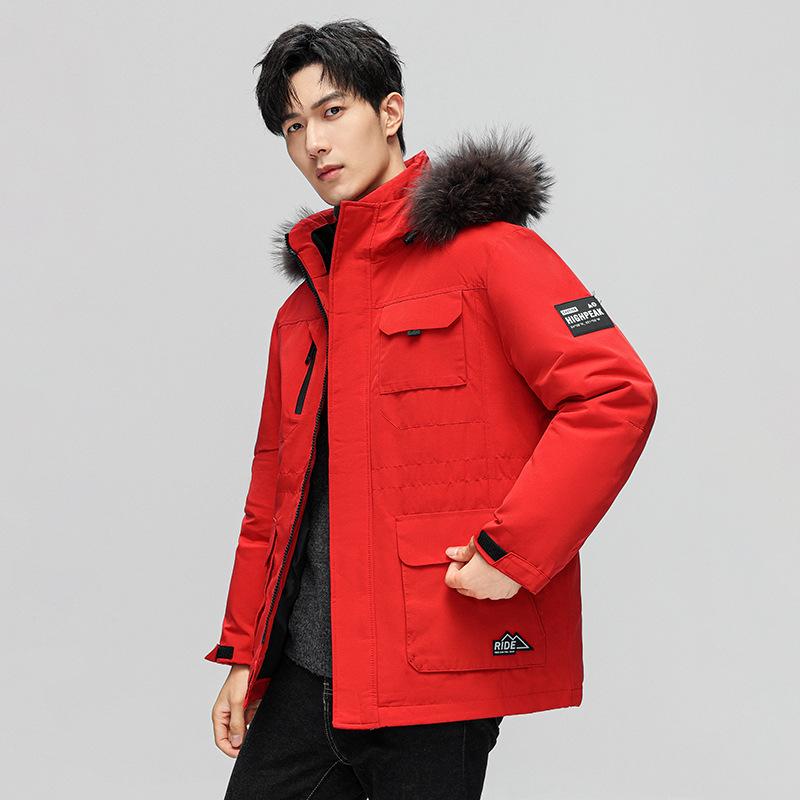 New winter down jacket men's short hooded jacket tooling trendy brand men's big fur collar warm and cold coat men