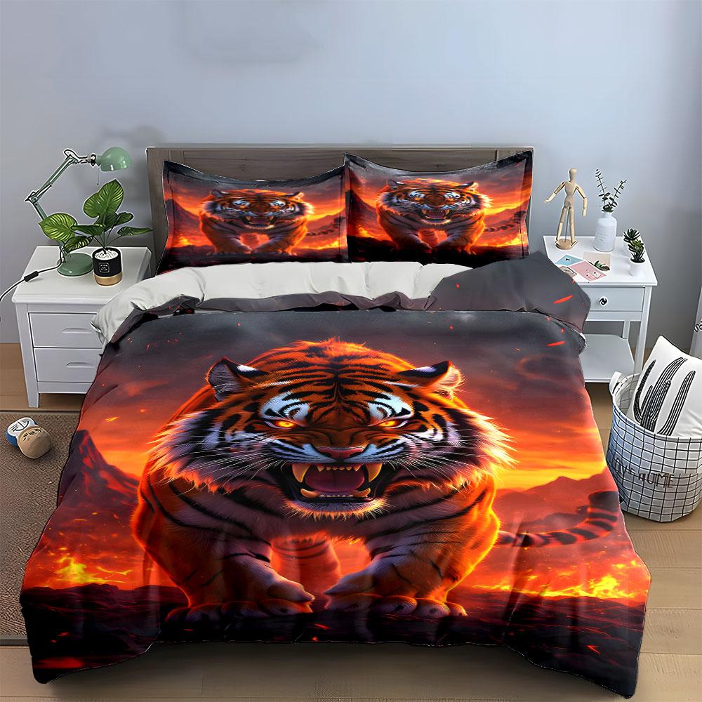 Fierce tiger with flames. Bedding sets Duvet cover sets Duvet covers Pillowcases(1*Duvet Cover 2*Pillowcases without duvet insert)