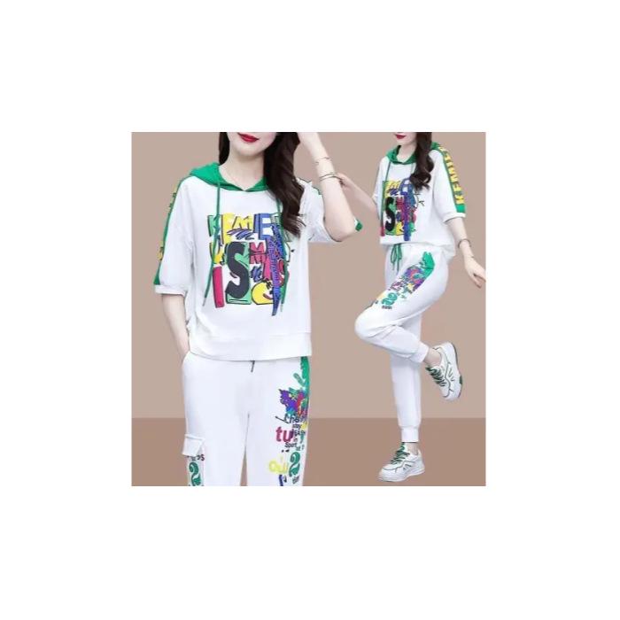 

Европейский летний женский повседневный спортивный костюм 2024 года с капюшоном, принтом сверху и вшитыми брюками XXXXL