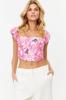 Women's Fashion Pink-Multicolored Crop Lined Corset Detailed Floral Patterned Woven Poplin Bustier