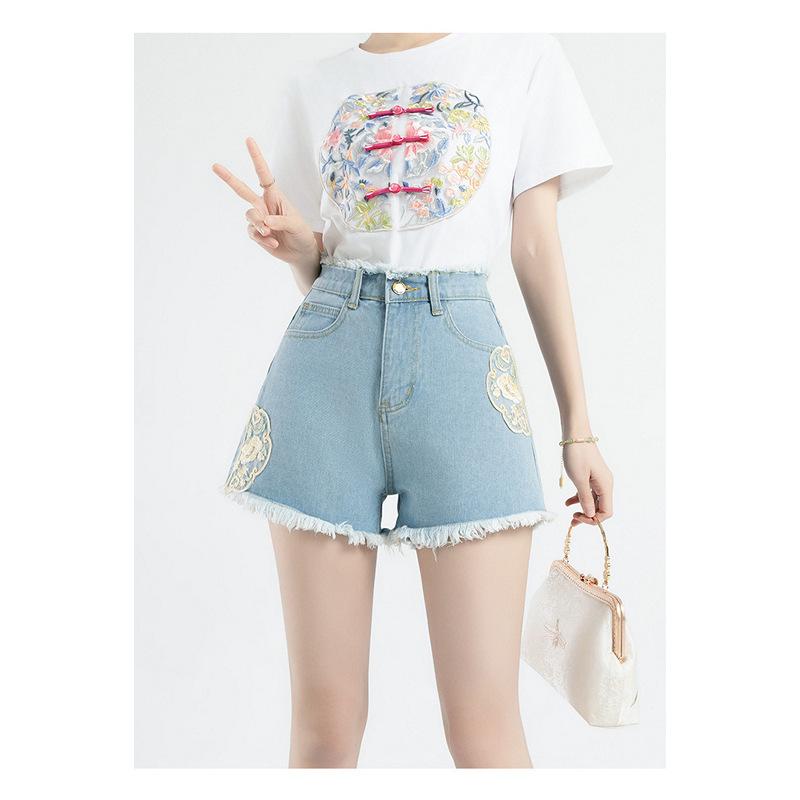 Summer New Denim Shorts New Chinese Style National Style High Waist Women's Personalized Embroidered National Trend A-line Hot Pants